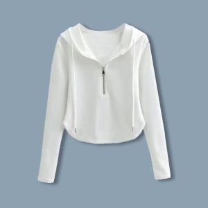 Easiest for Match Pure Color Early Autumn New Arrival K-style Long Sleeves Sweatshirt Half Zipper Stylish Hooded Short Tops Womens Ins Fashion