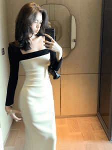 Elegant Autumn Winter Long Dress Korean Style Color Block High Waist A-Line Skirt Maxi Dress Sophisticated Luxury Sensation