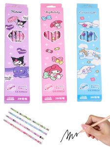 12Pcs/Box Pencil with eraser Melody Kuromi Cinnamoroll HB Black Write Draw Pencils Primary Stationery Woman Man Gift