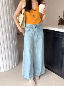 Cropped High Waist Wide Leg Blue Jeans Women Autumn EUROPE Retail Vintage Washed Loose Straight Casual Floor-length PANTS