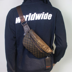 Fashionable Plaid Mens Crossbody Bag Street Style Waist Pack Single Shoulder Sling Bag Small Dumpling Shape Soft PU Leather