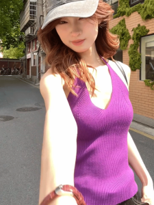 Áo Vest Cổ Treo Màu Tím Phong Cách Mỹ Cao Cấp Dành Cho Nữ Mùa Hè Mới Phong Cách Biển Phụ Nữ Gợi Cảm Hở Lưng Ngắn Áo Dây