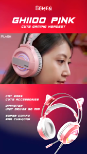 GAMEN GH1100 | Headphone Gaming Pink Cat Ear LED RGB Lighting Original Bass