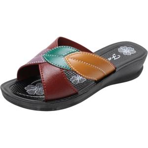 Summer New Fashion Ladies Sandals Leather Look Slope Heel Anti-Slip Large Size Slip-On Shoes for Mom Middle-Aged And Elderly