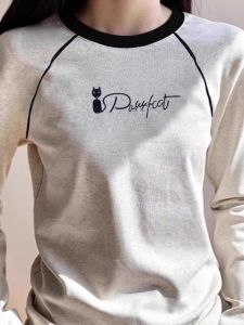 Grey Pure Cotton Ribbed Long Sleeve T-Shirt Women Early Autumn Color Block Shoulder Design Base Shirt Inner Wear Commute Style