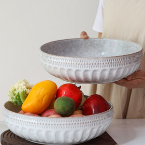 Large Capacity Ceramic Bowl Lotus Water Cultivation Fruit Soup Bowl Retro Style round Shape Glazed under Color Process