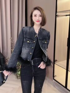 Elegant Short Denim Patchwork Jacket Loose Slimming Design Korean Style Spring Autumn Outerwear Womens Fashion Casual Coat