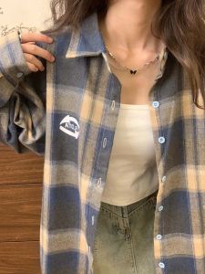 Áo Khoác Sơ Mi Kẻ Caro Màu Tương Phản Phong Cách Retro Rộng Rãi Cho Nữ Mùa Xuân Thu Mới Áo Khoác Ngoài Cổ Polo Tay Dài Bằng Polyester