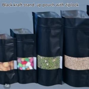 Black Kraft Stand Up Pouch with ZipLock Window Type | Black Pouch l Cookies Coffee Packaging Resealable Approx 97-100pcs
