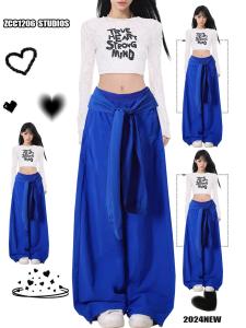 Klein Blue Pure Color Hip Hop Lace-up Casual Pants Womens Autumn Chinese Fad Fake Two-Piece Loose Drooping Straight Loose Pants