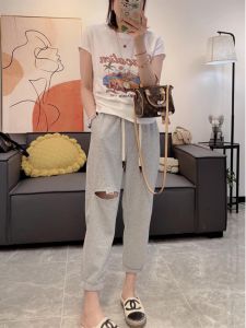 Fashion High Waist Hole Slimming Sweatpants Casual Nine Points Pants Set Women Spring New Print Short Sleeve T-shirt Top