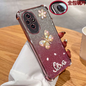 Honor 200 pro 5G Phone Case with Airbag Diamond Embedded Soft Plated Female Style Luxury Shockproof Transparent Butterfly Design