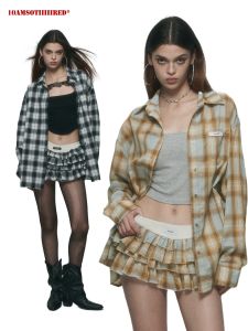 10AMsotiiired Original Design Loose Fit Button-Up Shirt and Skirt Set with Stand Collar and Long Sleeves in Plaid Pattern
