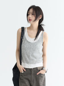 Color Block Slim Fit Sleeveless Vest Womens Summer Outerwear Two-Piece Set Versatile Style Cotton Blend Elastic Fabric