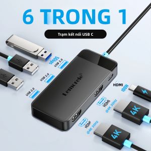 Lemorele 6 Trong 1 USB C Hub 4K Dual HDMI & DisplayPort Docking Station 100W PD Bộ Chuyển Đổi Đa Màn Hình Cho MacBook Dell HP