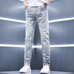 2025 New Mens Premium Jeans Summer Thin Light Tear Trendy Slim Fit Straight Leg Jeans Cotton Polyester Spandex Blend