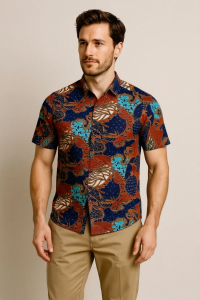 Elegant Cotton Men Short Sleeve Batik Print Shirt with Mandarin Collar and Shirt Collar