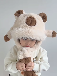 SKISOPGO Kids Integrated Cap Scarf Winter Capybara Plush Hat with Moving Ears Warm Ear Protection Hat Topi