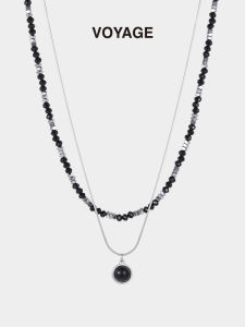 Double Layered Black Stone Beaded Pendant Necklace Womens Sweet Cool Accessory High-End Sensation Lightweight Luxury Fashion Clavicle Chain