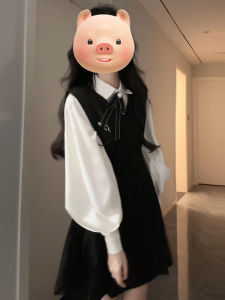 LIRUSHAN | Korean Style College Wind Dress Waist-cinching Black Short Set for Early Spring