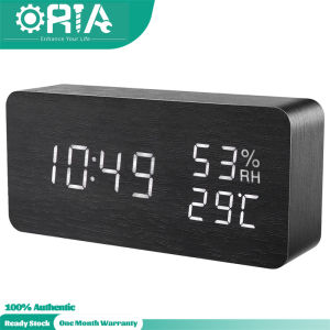 ORIA Digital Alarm Clock LED Wooden Clock Alarm Clock 12/24H Format 3 Brightness Adjustable 3 Alarm Settings Voice Control Dual Power Date Temperature Humidity for Home Bedroom Office