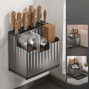 Kitchen Multi-Function Knife Holder Wall Mounted Chopsticks Tube Storage Rack Integrated Design Utility Kitchen Storage Shelf