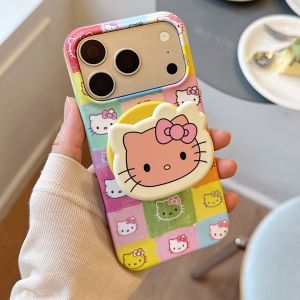 Sanrio | Luxury Magnetic Stand Grid Color Hello Kitty Phone Case For iphone 17 16 15 Pro Max Cute Cartoon Charging Shockproof Phone Cover