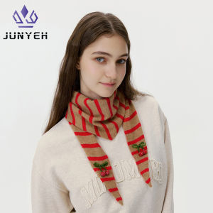 Knitted Striped Triangle Scarf Women Autumn Winter Outer Small Scarf Shawl Cherry Pattern Headscarf Neck protection Scarf
