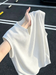 White Textured Icy Silk V Neck Vest for Men Summer Quick-Dry Sport