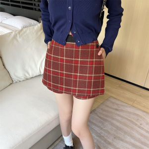 Red Plaid Woolen Mini Skirt American Style Womens A-Line Christmas Skirt High Waist Short Skirt plus Size School Style