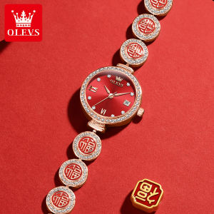 OLEVS Lucky Red Quartz Watch with Sparkling Diamonds - Fortune Blessings Watch | Auspicious Design for Daily Wear & New Year Gifts