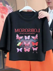 Retro American High Street Printed Short Sleeve T-Shirt Womens Summer Design round Neck Short Style Top Korean Style Polyester Fiber