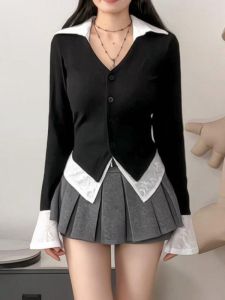 เสื้อยืดคอโปโลทรงเข้ารูปสีบล็อกสำหรับผู้หญิงไซส์ใหญ่ เสื้อคาร์ดิแกนแขนยาวทรงเข้ารูปสไตล์เกาหลีสำหรับฤดูใบไม้ผลิ