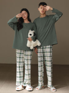 me home wear | Couples Spring Autumn Sleepwear Set Long Sleeve Round Neck Green Plaid