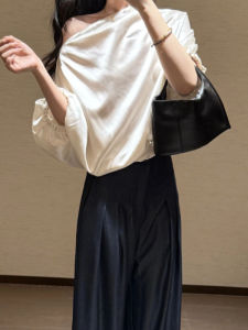 YUEZHONGWEI | French Satin Bubble Sleeve Short Shoulder Shirt Women Summer 2025 New Unique Beautiful Waist-Cut Small Top Korean Style Slim Fit