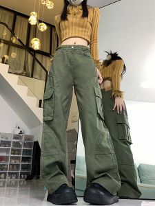 กางเกงยีนส์ทรงหลวมเอวสูงสีเขียวทหารสำหรับผู้หญิง กางเกงขายาวทรงหลวมสไตล์ย้อนยุค สไตล์ High Street ไซส์ใหญ่ ฤดูใบไม้ผลิ 2024