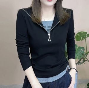 Slim Black Womens Half-zip Layered Long-sleeve Hoodie