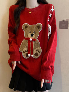 Christmas Bear Embroidered Sweater Womens Mid-Length Knitted Winter Clothes plus Size Comfortable Soft Material round Neck