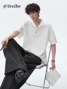 VESIBO | High Street Deconstruction Short Sleeve Polo Shirt Men Summer Loose