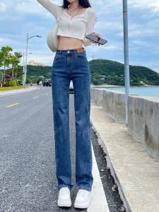 กางเกงยีนส์ทรงตรงเอวสูงสไตล์ย้อนยุคสำหรับผู้หญิง กางเกงขายาวทรงขากว้าง ฤดูใบไม้ผลิและฤดูใบไม้ร่วง กางเกงยีนส์ทรงสลิมฟิตสำหรับผู้หญิง
