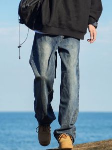 Loose Fitting Wide Leg Straight Jeans Men Vintage Casual Washed