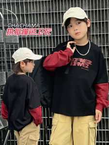 ฤดูใบไม้ผลิ ฤดูใบไม้ร่วง บล็อกสีแขนยาวเด็กชาย เสื้อฮู้ด เสื้อยืดสองชิ้นปลอมสําหรับเด็กแขนยาวจับคู่เด็กชาย เสื้อท่อนบน ผ้าฝ้าย โพลีเอสเตอร์ Blend