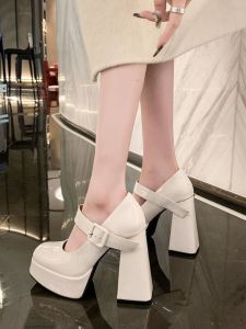Retro High Heels Barbie Style Womens White Thick Heel Mary Janes Single Shoes Fashionable Vintage Closed Toe Rubber Sole