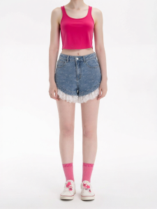 Summer Fashion Lace Splicing Womens Denim Shorts