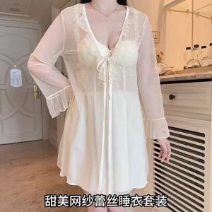 ชุดกลางคืนชุดนอนเข้าชุดเซ็กซี่โชว์หลังทรงรวมกับบราผ้าบางซีทรูเสื้อคลุมนอกชุดชุดนอนสตรีผ้าไอซ์ซิลค์หรูหรา