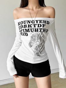 เสื้อยืดคอกลมแขนยาวลายตัวอักษรสีขาว ทรงสลิมฟิต ผ้าคอตตอนผสม ฤดูใบไม้ร่วง 2024 เสื้อผ้าทำงานสไตล์สตรีท