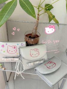 Korean Style Short KT Wallet for Women Silver Color Cute Cartoon Design Student ID Card Holder Simple Fresh Style