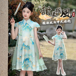 Girls Summer Dress Retro Chinese Style Cheongsam Tulle Skirt Little Girl Sumi Painting National Style Princess Dress