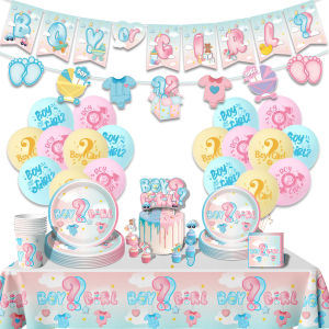 Fastshipment Gender Reveal Disposable Tableware Set Birthday Party Decorations Boy or Girl Baby Shower Paper Plates Cups Balloons Background cloth