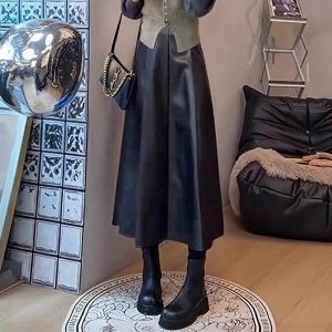 XUECAIQI | Gradient Color Knit and Leather Outfit Set Women